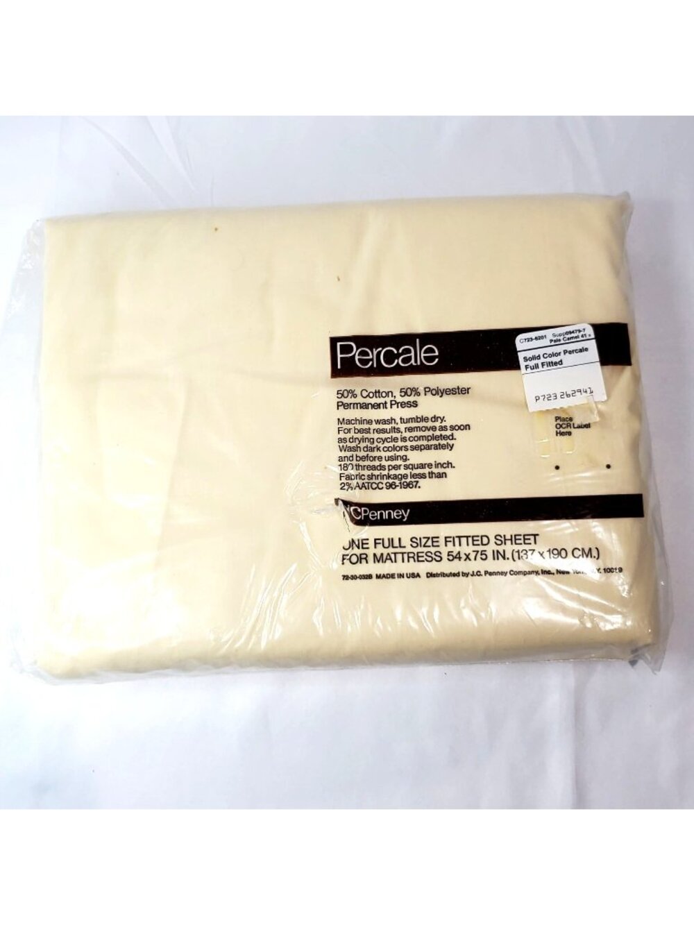 VTG JCPenney Cream pale camel Percale Full-Size Fitted Sheet 54" X 75" USA